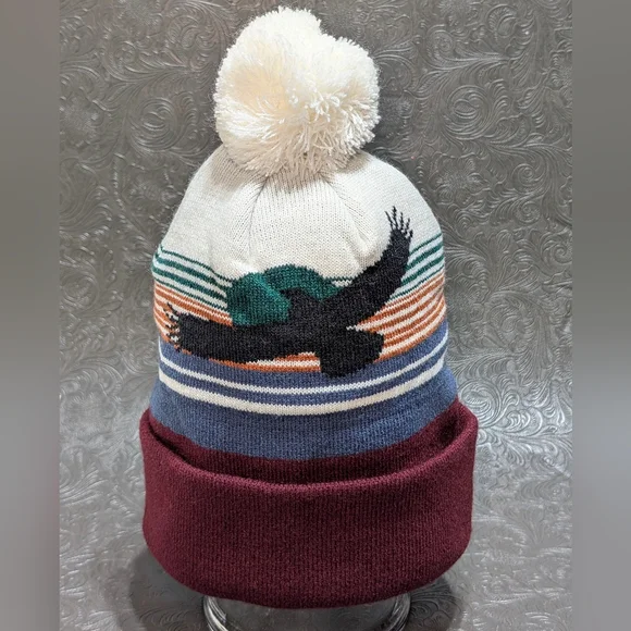 NWOT Turtle Fur Unisex Eagle Design Sunset Striped Winter Beanie with Pom Pom - Picture 5 of 5